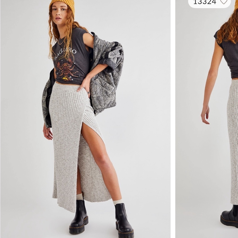 Free People Grey Combo Better Days Rib Knit Midi Skirt Size Small NWT